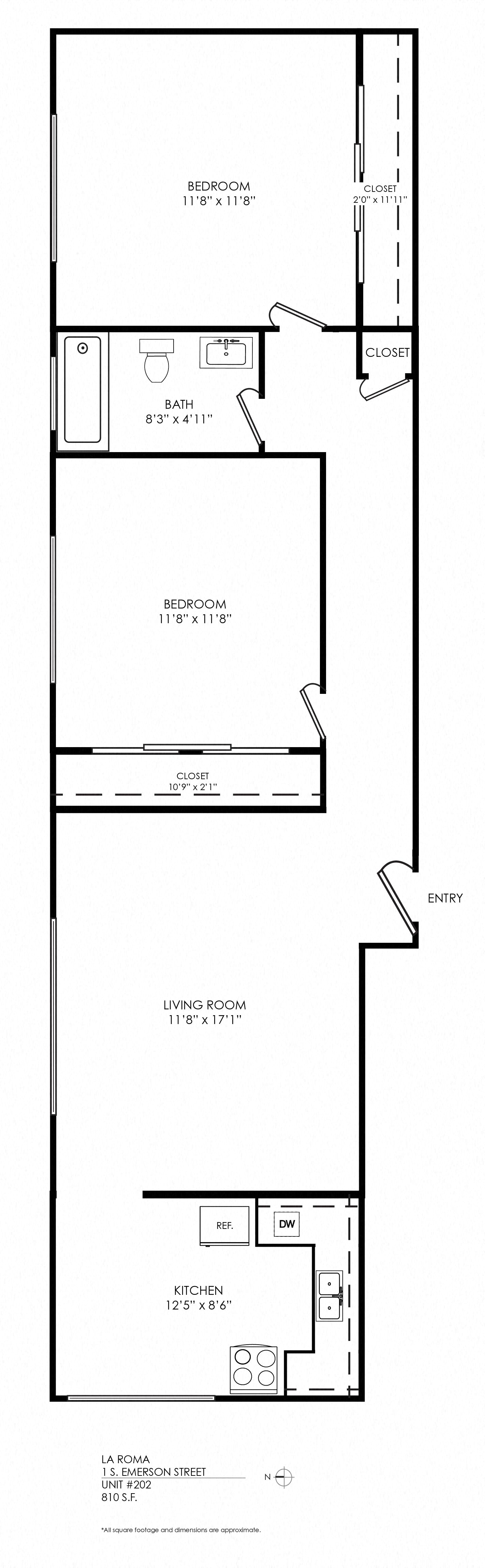 Floor plan for 2 beds, 1 bath, 810 sqft